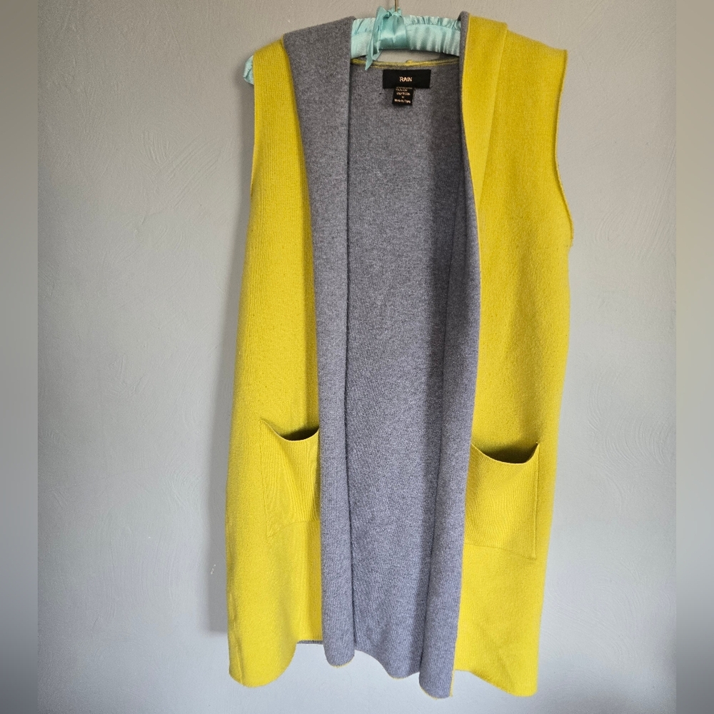 RAIN• Yellow and Gray Long Hooded Cardigan Vest. Sz M